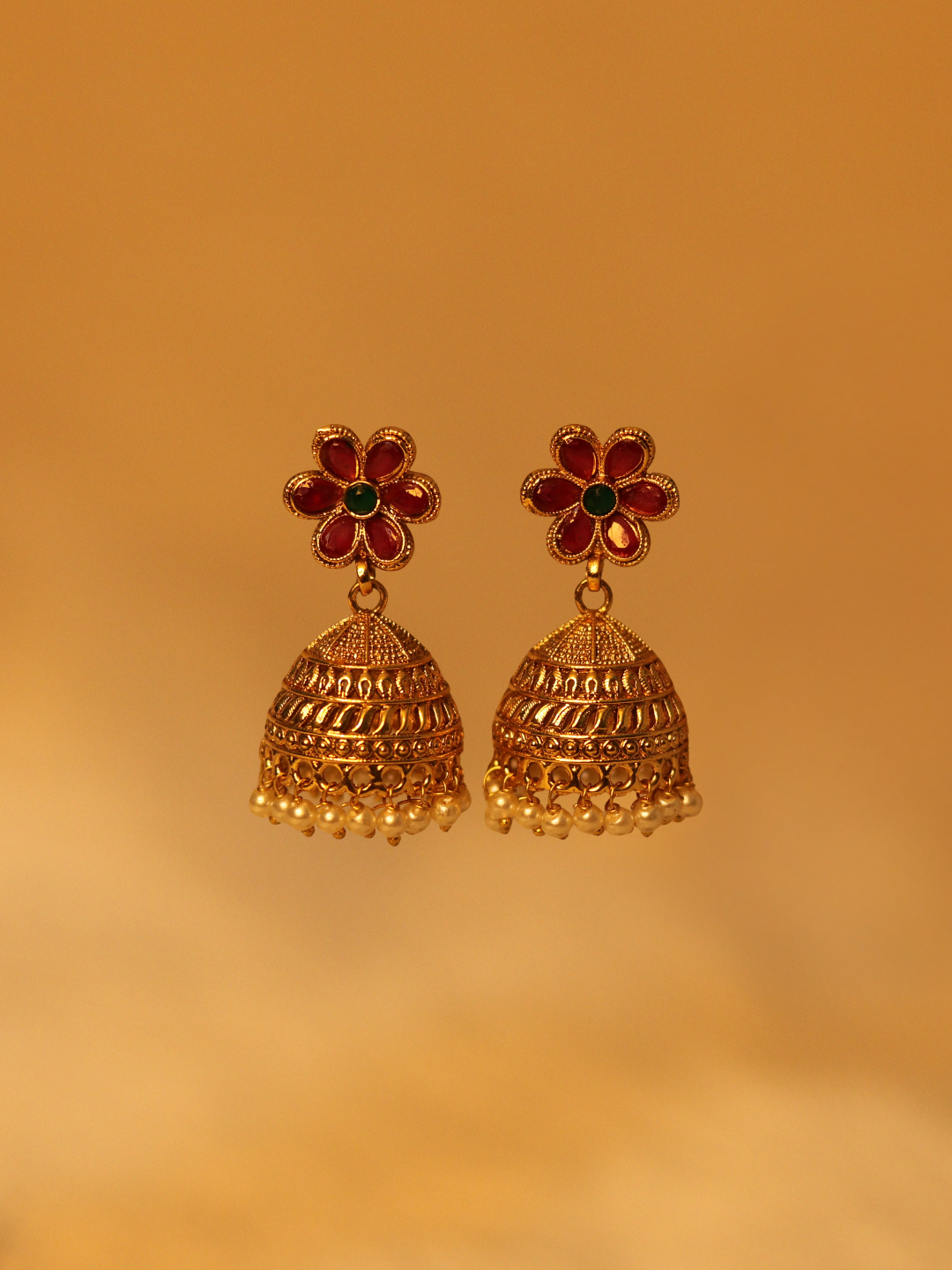 Antique Gold Plated Temple Red Jhumka 09-008