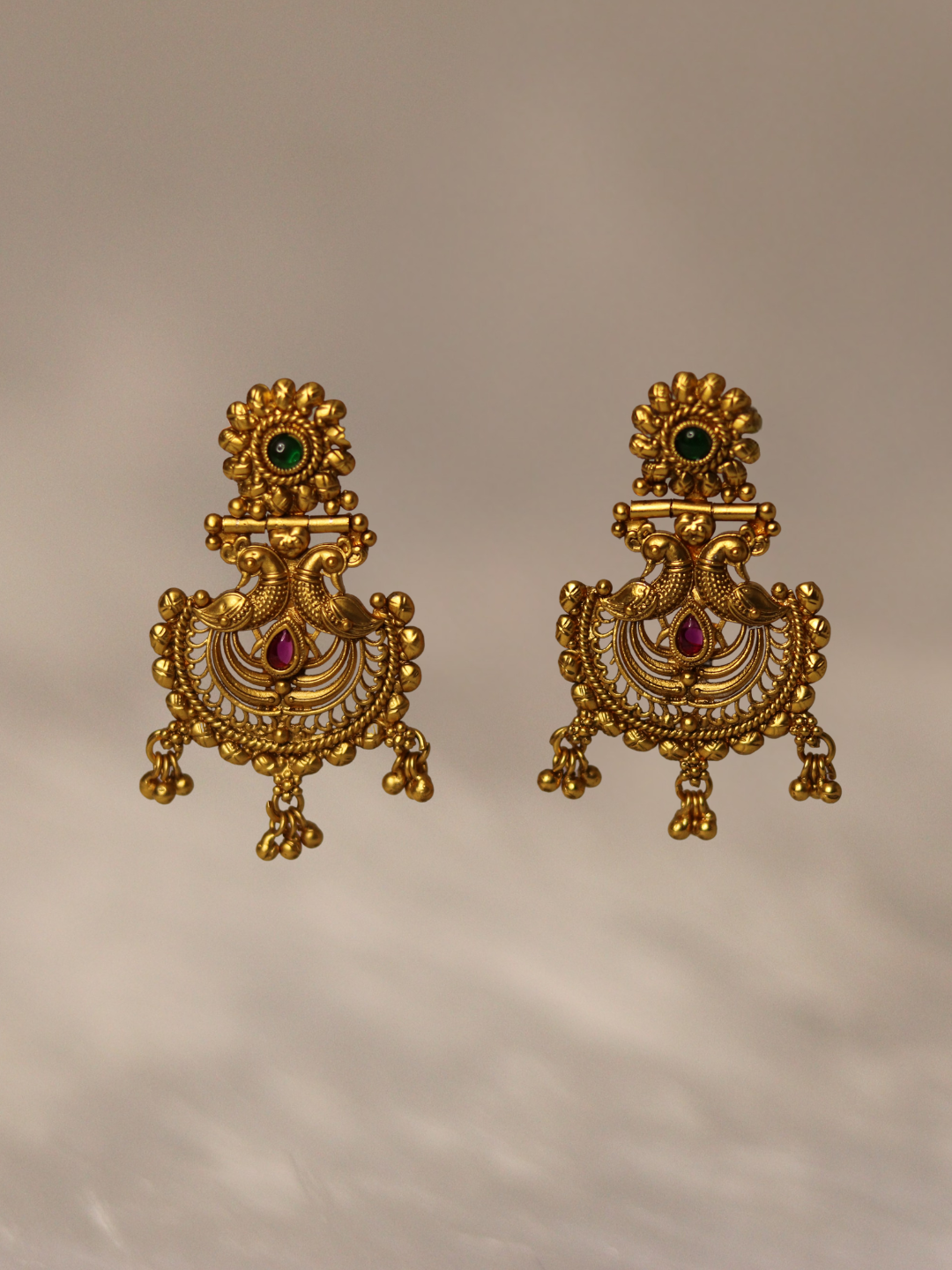 Antique Gold Plated Temple Red Green Jhumka 09-009