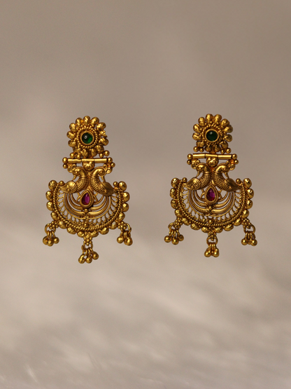 Antique Gold Plated Temple Red Green Jhumka 09-009