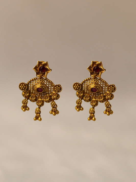 Antique Gold Plated Temple Red Jhumka 09-0010