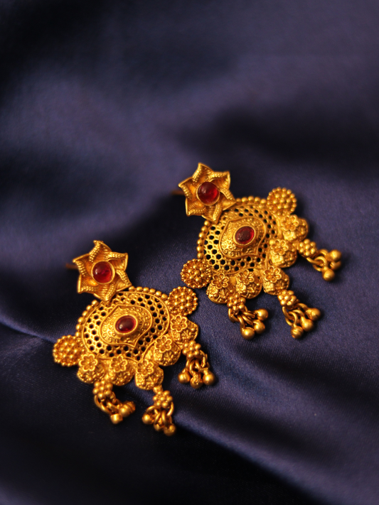 Antique Gold Plated Temple Red Jhumka 09-0010