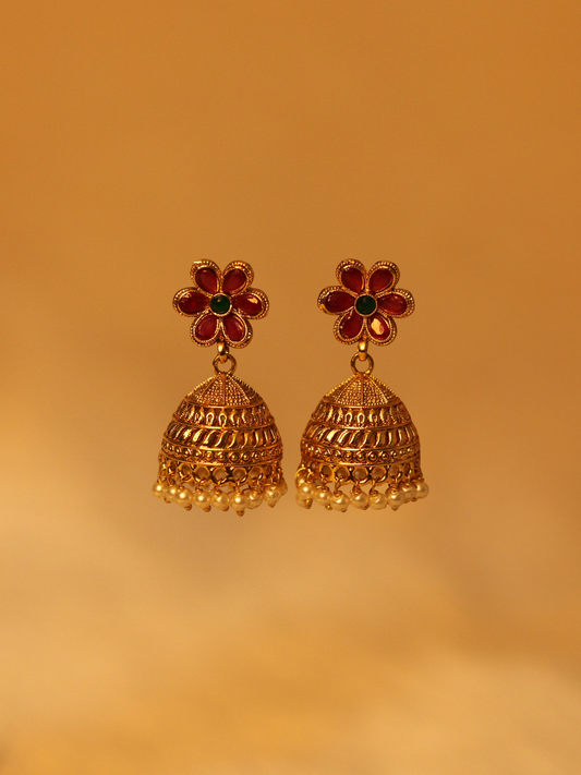 Antique Gold Plated Temple Red Jhumka 09-008