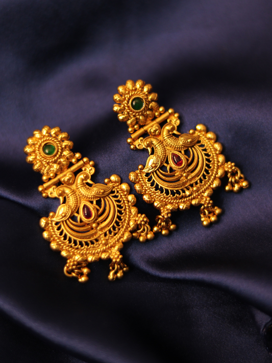 Antique Gold Plated Temple Red Green Jhumka 09-009