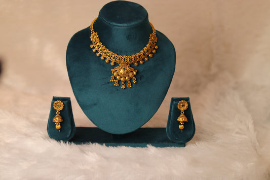 Royal Temple Choker Necklace Set with Jhumkas #001