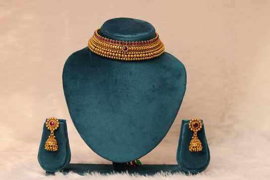 Royal Antique Beaded Choker Necklace with Jhumkas #002