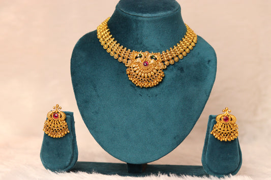 Antique Gold Plated Choker Necklace with Earrings #003