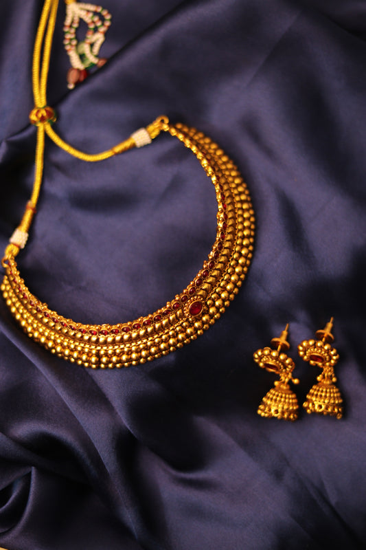 Royal Antique Beaded Choker Necklace with Jhumkas #002