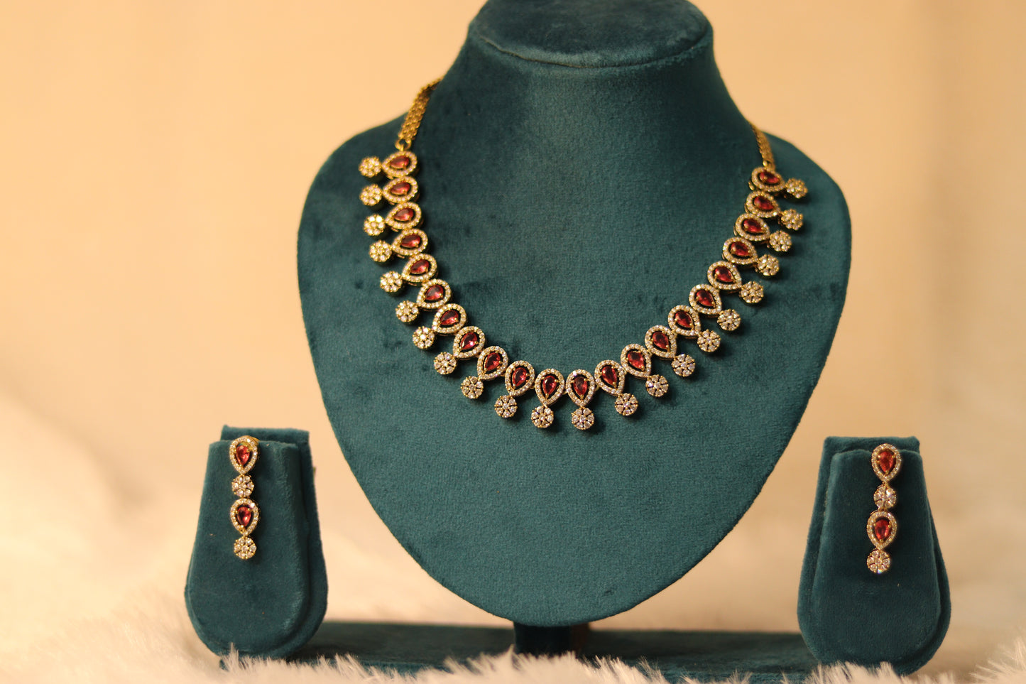 AD & Ruby Red Necklace with Earrings #0011