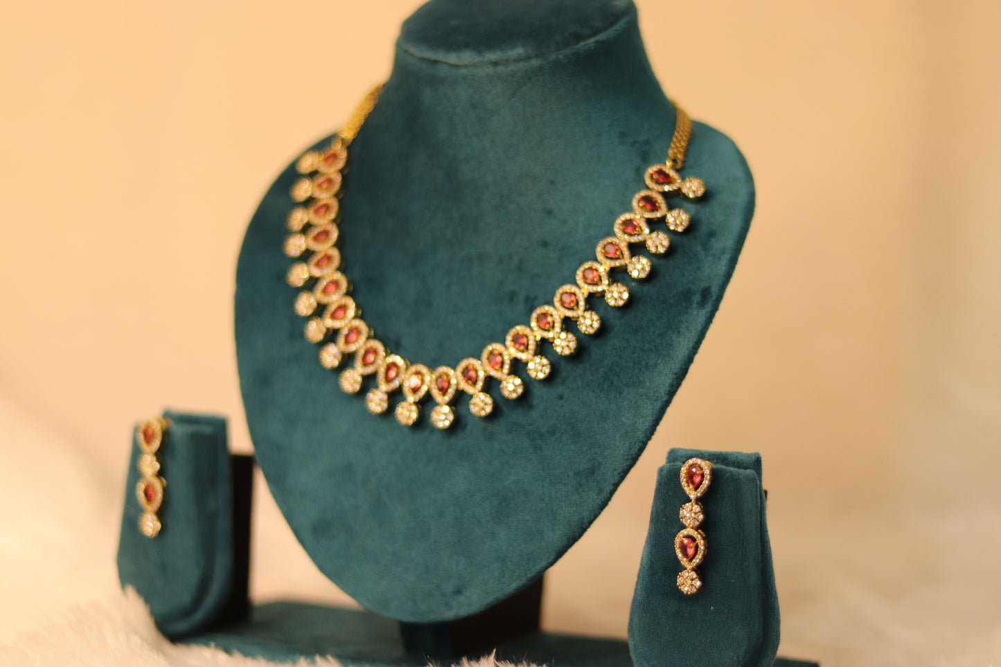 AD & Ruby Red Necklace with Earrings #0011