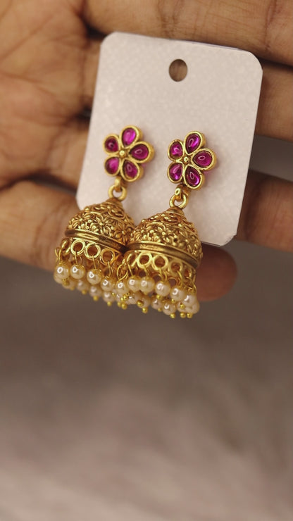 Antique Gold Plated Temple Red Jhumka 09-008