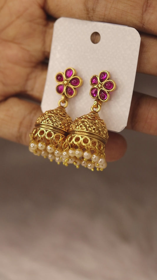 Antique Gold Plated Temple Red Jhumka 09-008